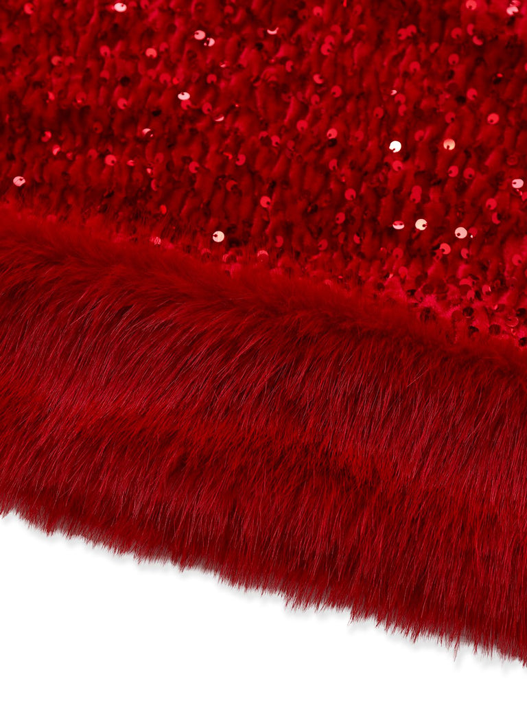 Abito in velluto con paillettes in pelliccia sintetica rosso anni '70