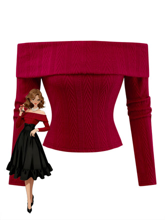 Maglione a maglia con spalle scoperte rosso anni '50