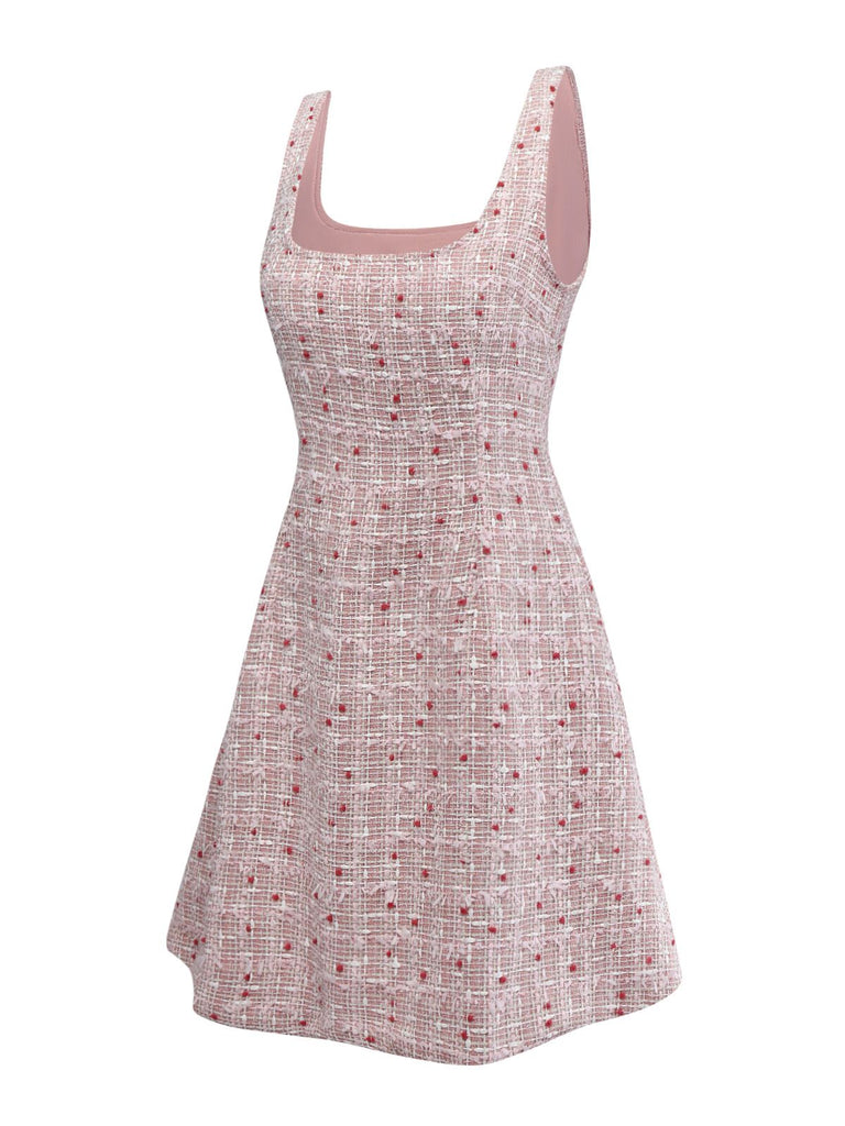 Mini abito scamiciato in tweed quadri rosa anni '60
