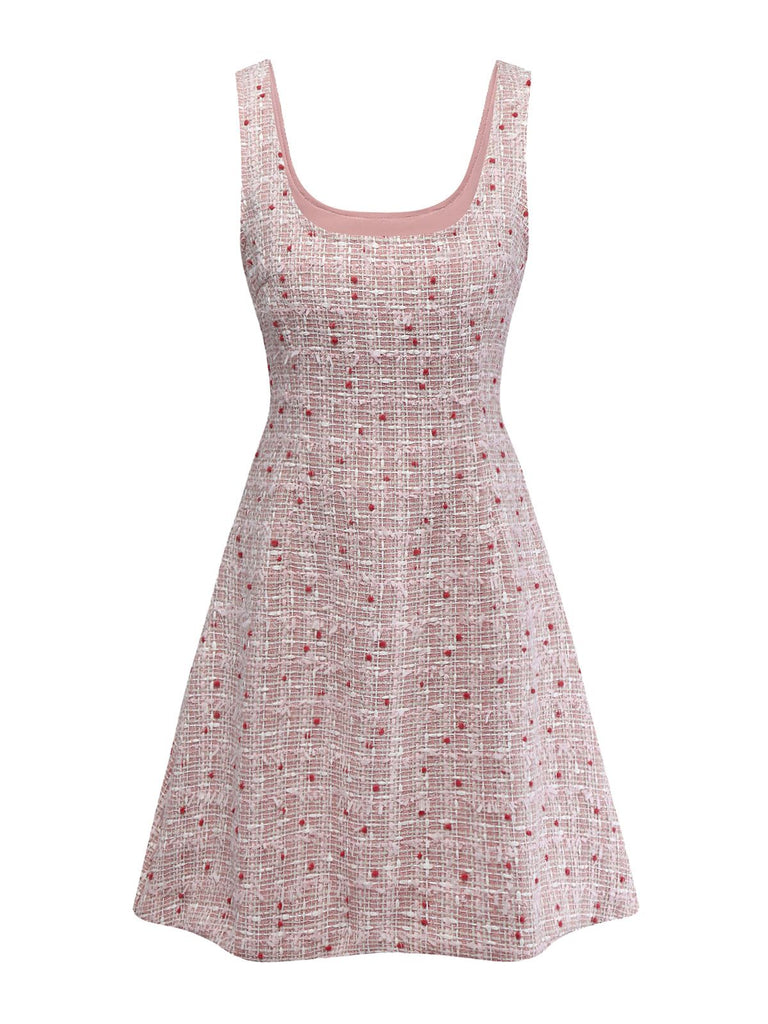 Mini abito scamiciato in tweed quadri rosa anni '60