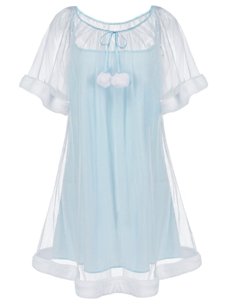 Camicia da notte in tulle con maniche a balze blu anni '40