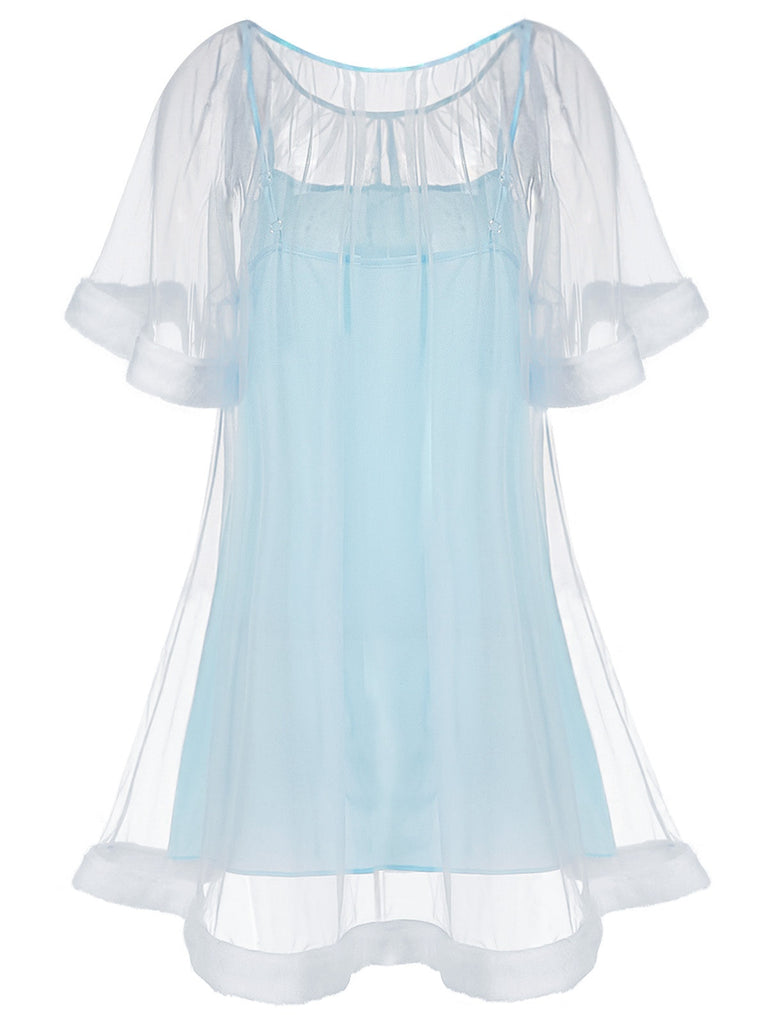 Camicia da notte in tulle con maniche a balze blu anni '40