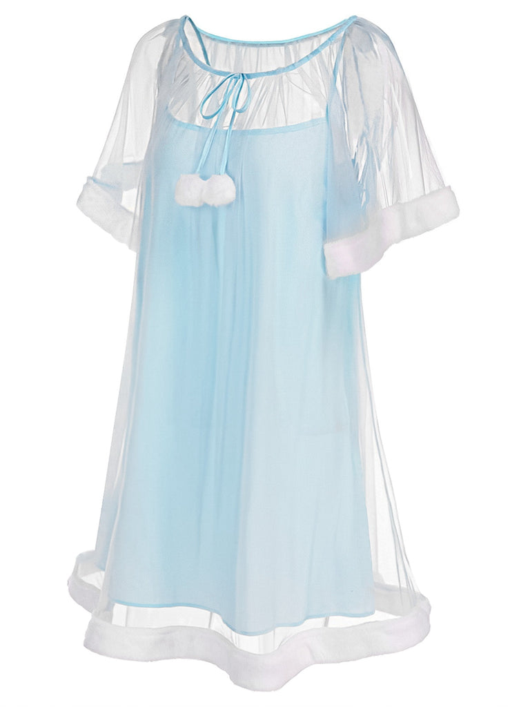 Camicia da notte in tulle con maniche a balze blu anni '40