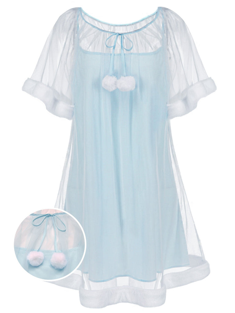Camicia da notte in tulle con maniche a balze blu anni '40