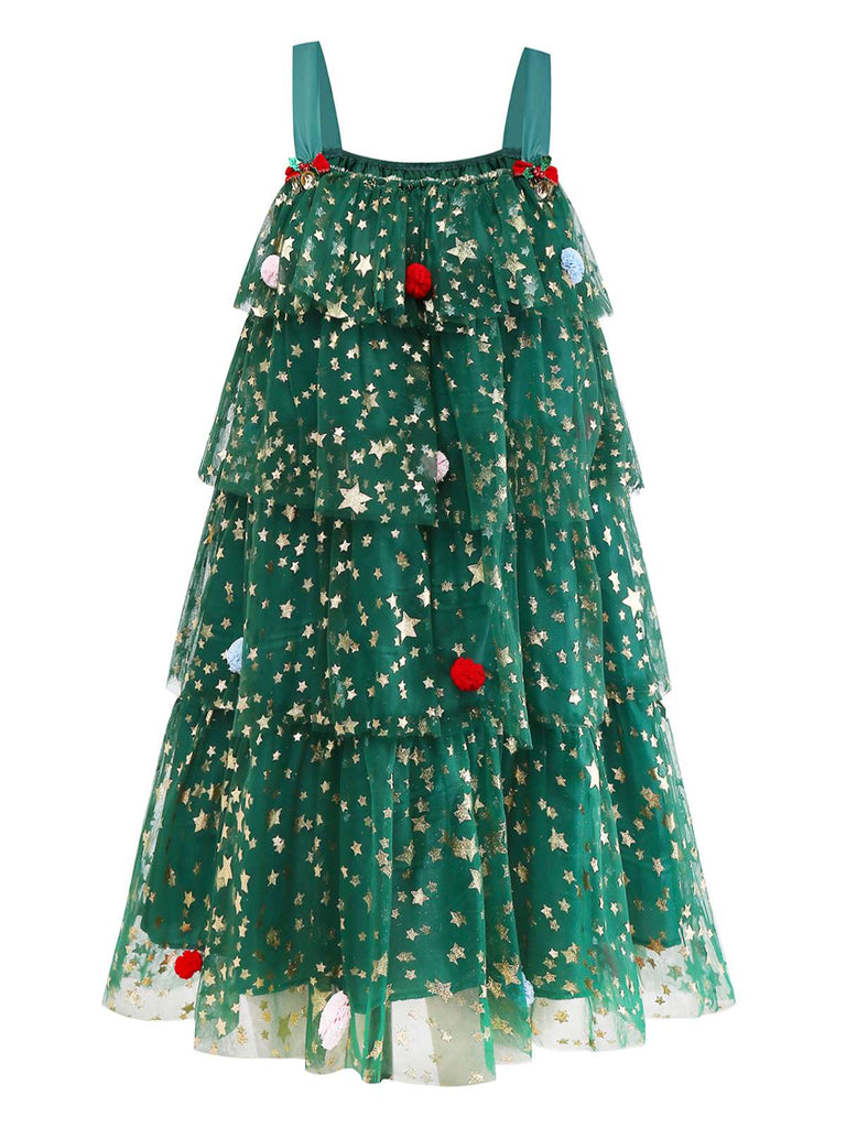 Abito a forma di albero di Natale in rete con pompon verde anni '60