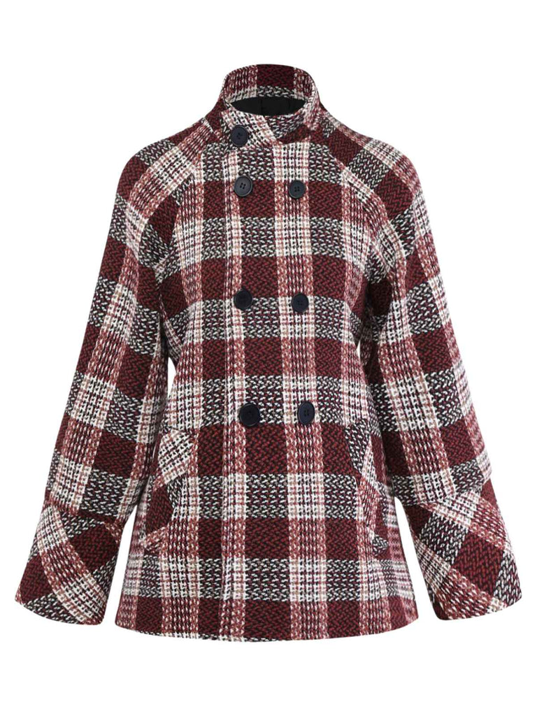 Cappotto in tweed a quadri con collo alto rosso anni '50