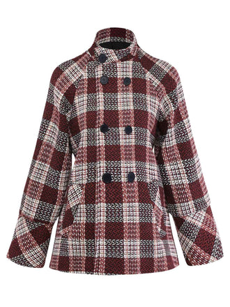 Cappotto in tweed a quadri con collo alto rosso anni '50