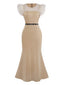Abito da sirena con patchwork di perline e piume beige anni '30