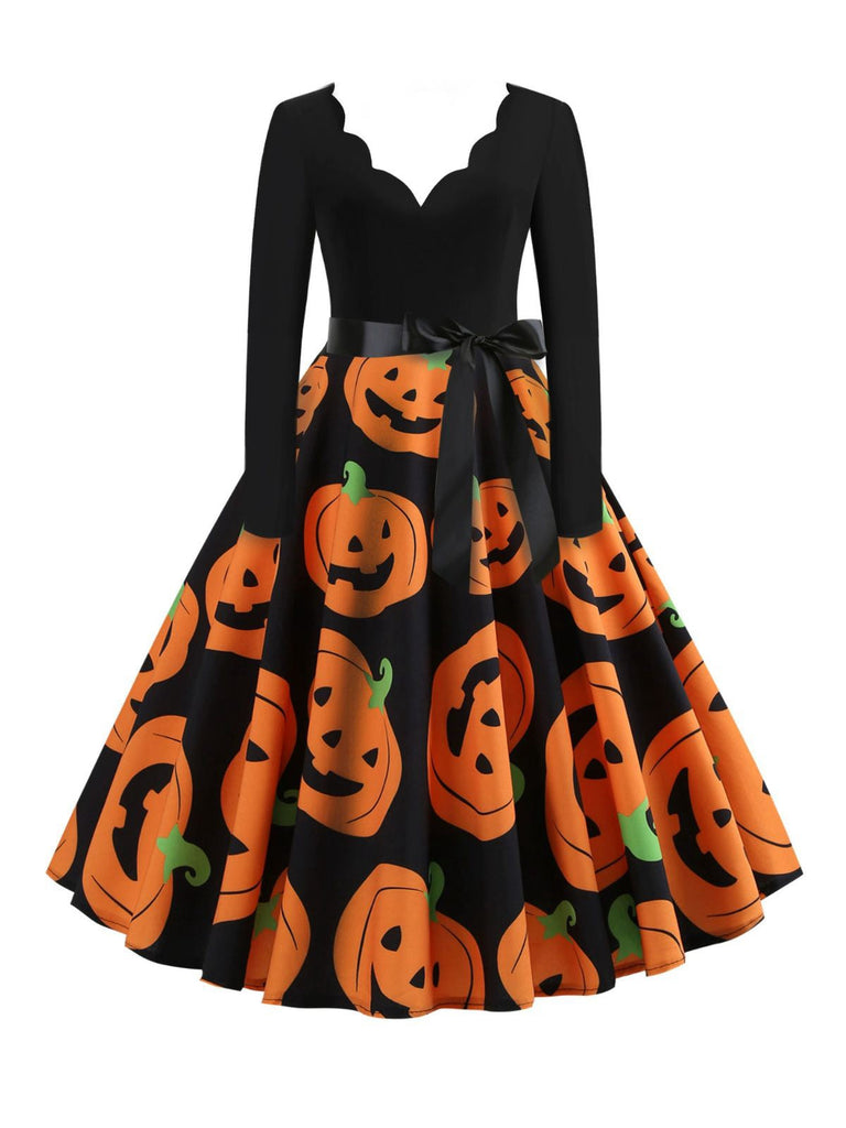 Abito ragnatela e zucca con scollo a petalo Halloween anni '50
