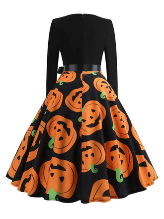 Abito ragnatela e zucca con scollo a petalo Halloween anni '50