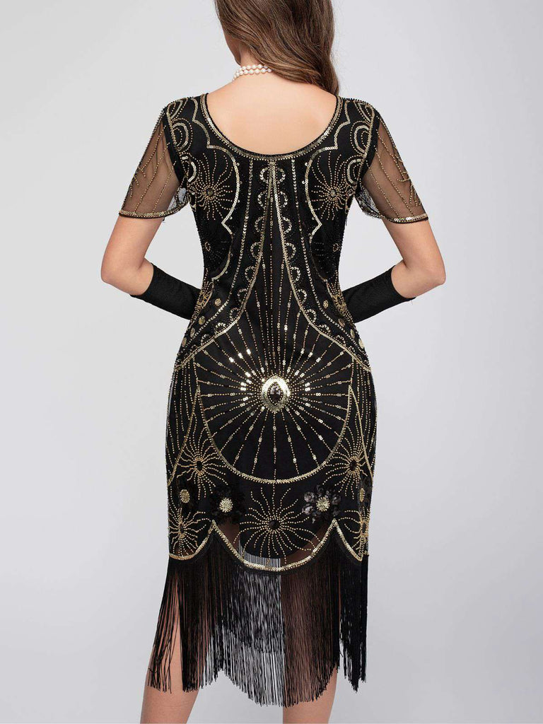 Abito flapper con frange di paillettes e scollo a barchetta anni '20