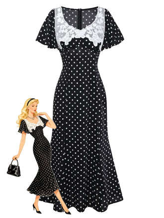 Abito a pois con pizzo nero anni '30