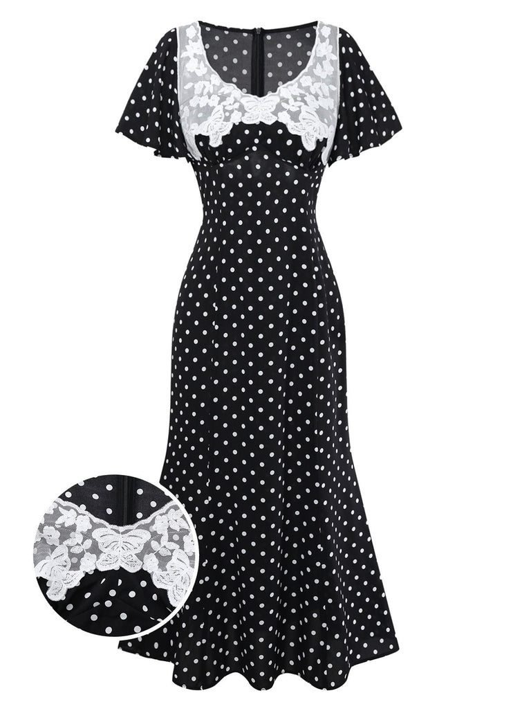 Abito a pois con pizzo nero anni '30