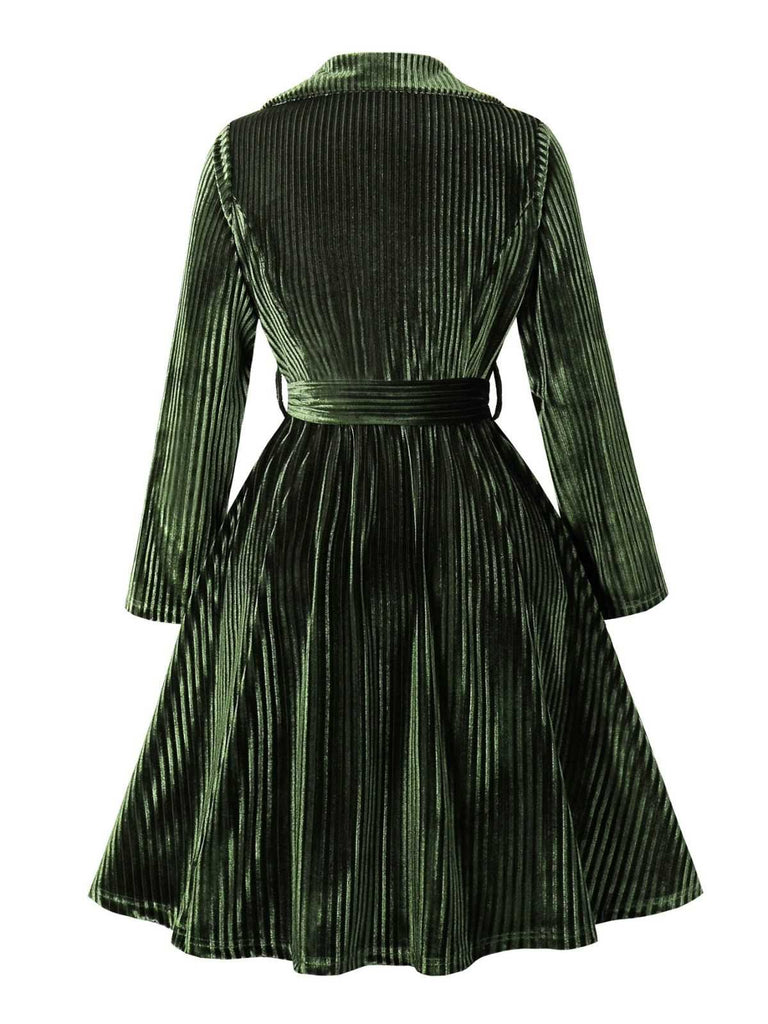 Abito natalizio in velluto a coste a maniche lunghe verde anni '50