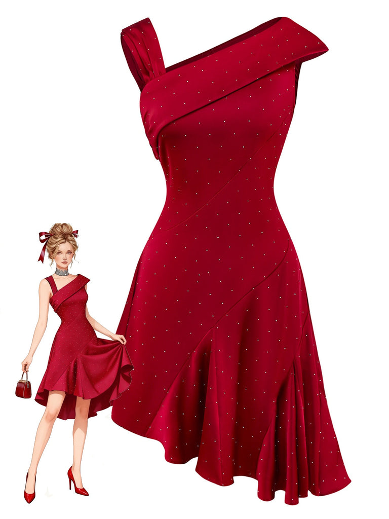 Abito in raso con strass e spalle scoperte bordeaux anni '60