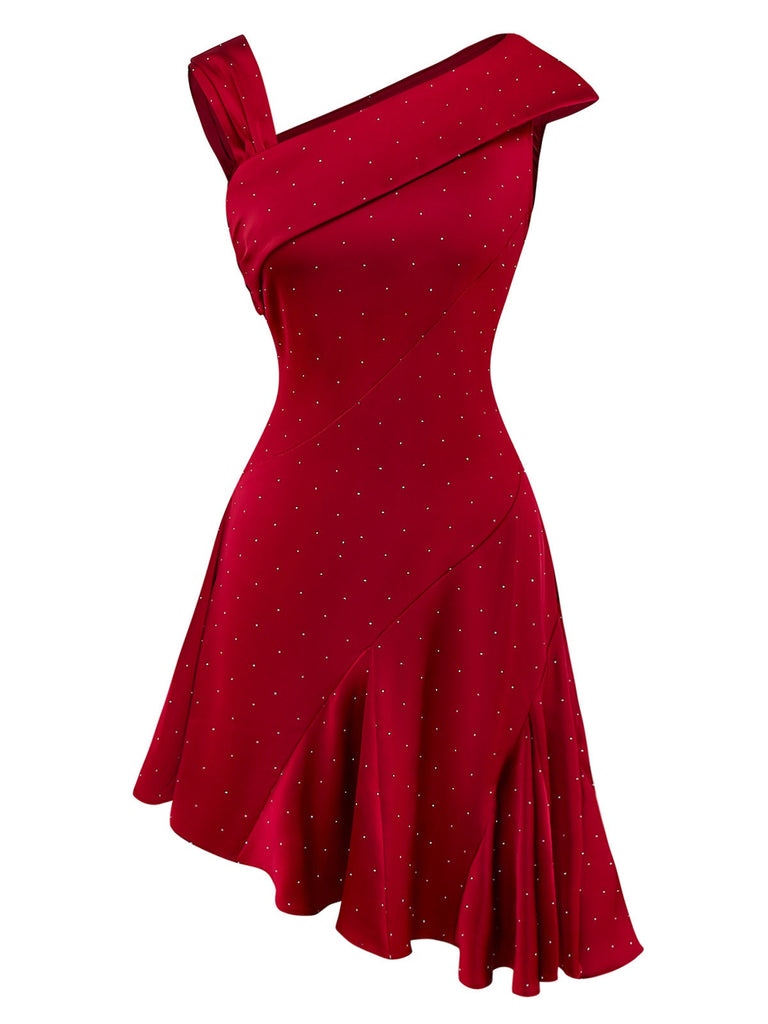 Abito in raso con strass e spalle scoperte bordeaux anni '60