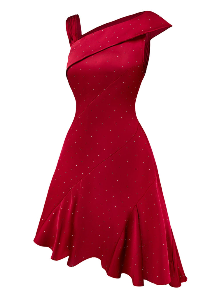 Abito in raso con strass e spalle scoperte bordeaux anni '60