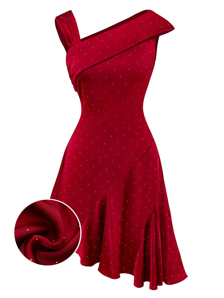 Abito in raso con strass e spalle scoperte bordeaux anni '60