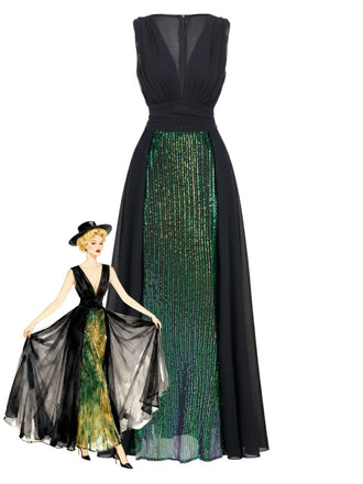 Abito paillettes con senza maniche in tulle con scollo a V verde anni '30