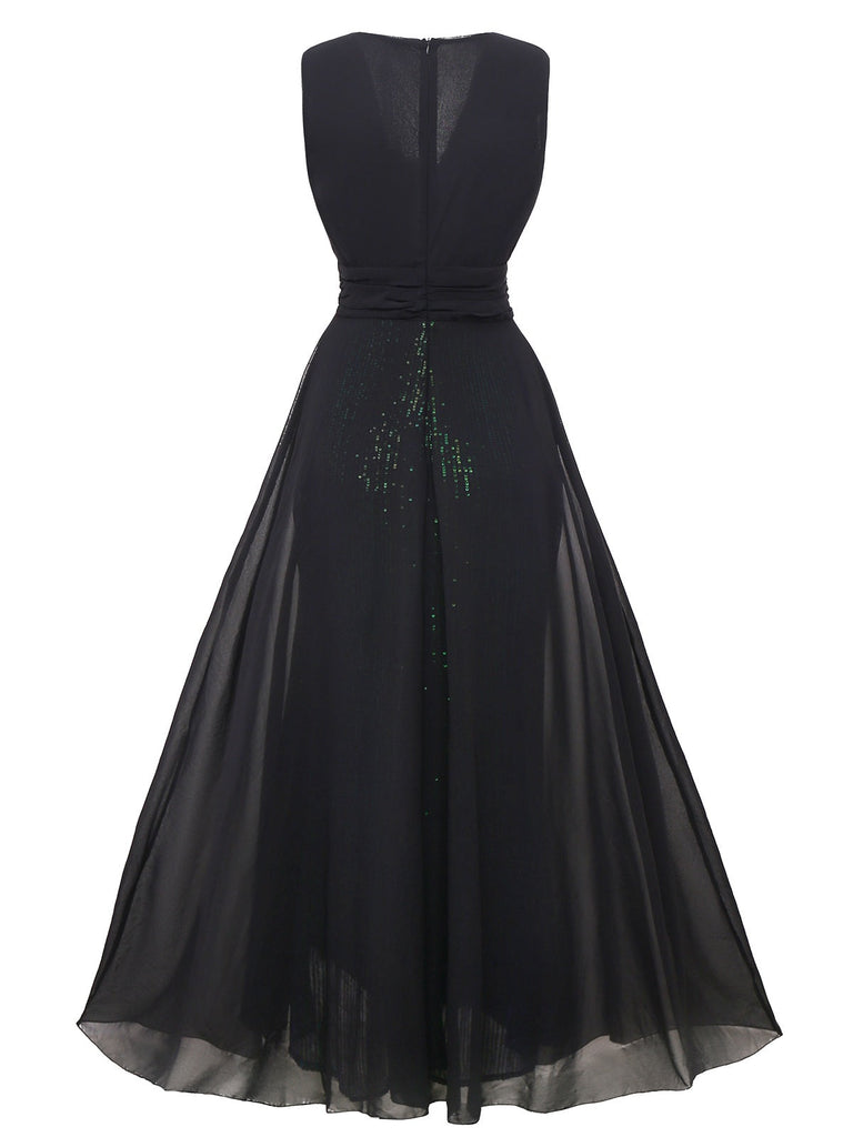 Abito paillettes con senza maniche in tulle con scollo a V verde anni '30