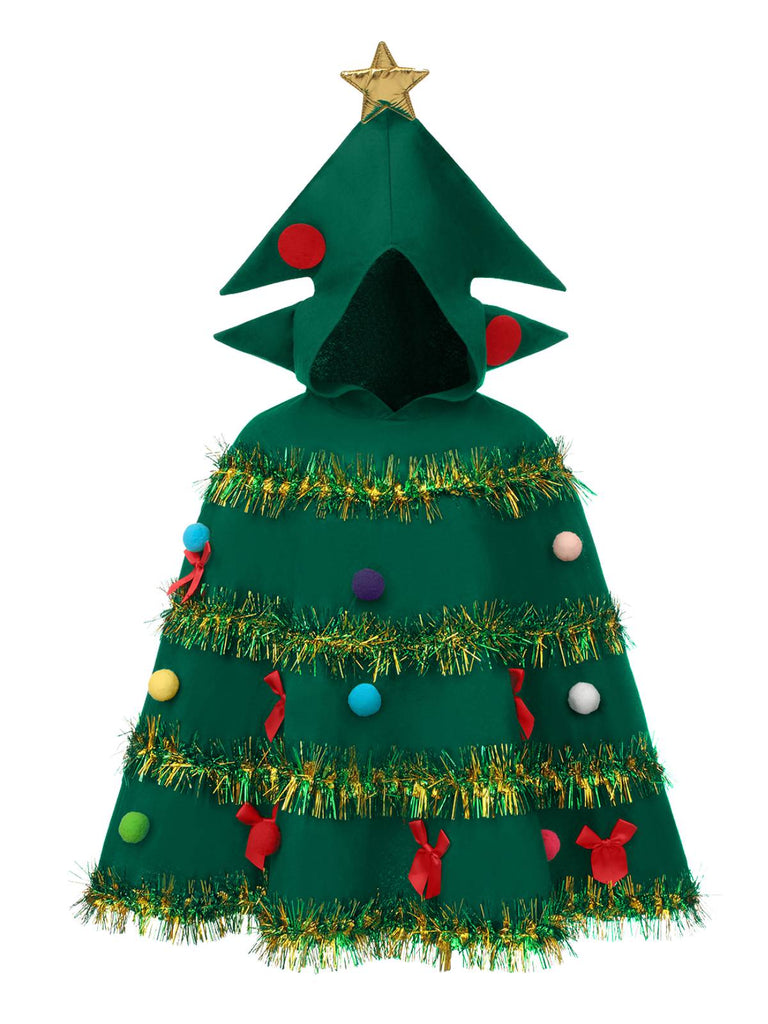 Mantello con cappuccio in 3D con albero di Natale verde anni '50