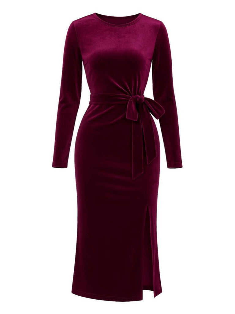 Abito aderente in velluto con cintura bordeaux anni '60