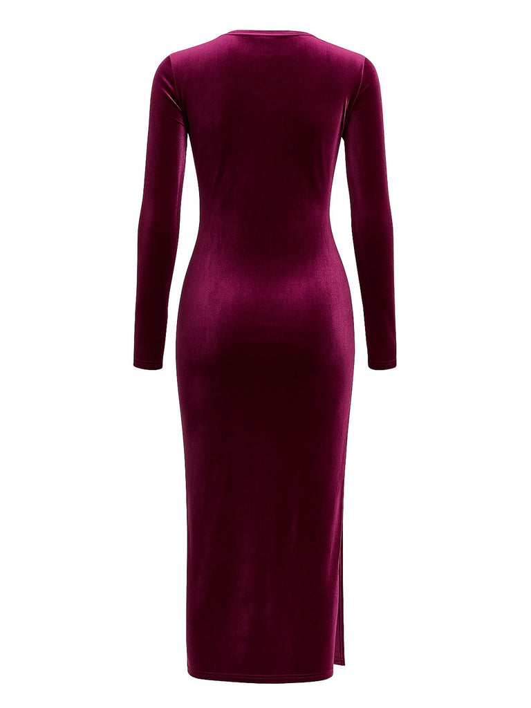 Abito aderente in velluto con cintura bordeaux anni '60
