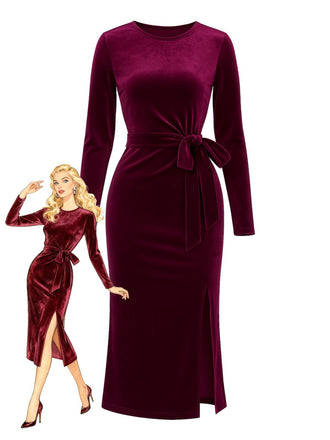 Abito aderente in velluto con cintura bordeaux anni '60