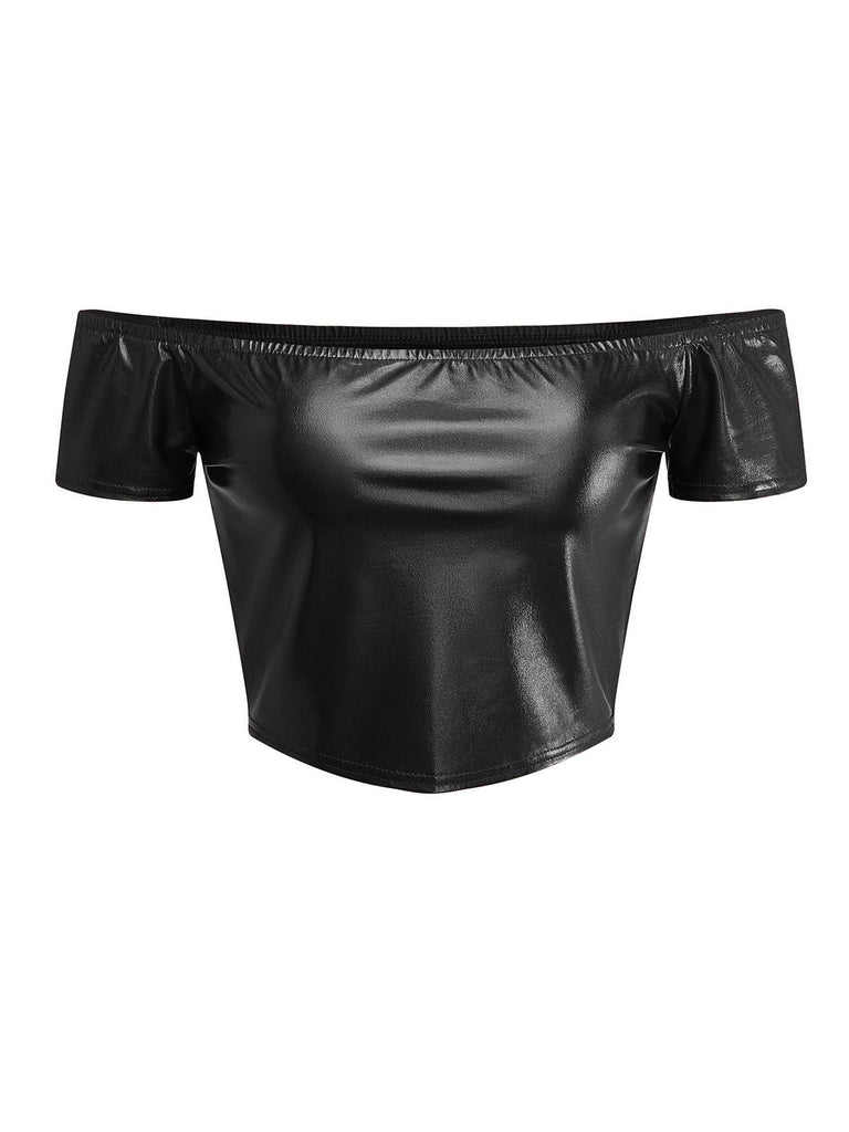 2PCS Top disco metallizzato con spalle scoperte e gonna anni '70