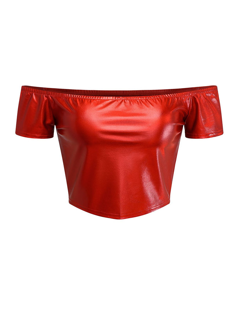 2PCS Top disco metallizzato con spalle scoperte e gonna anni '70