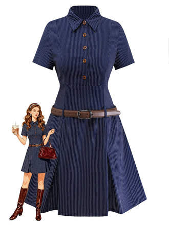 Abito a righe gessate con colletto a camicia blu anni '70