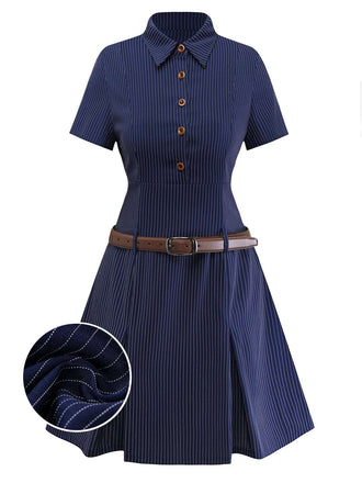 Abito a righe gessate con colletto a camicia blu anni '70