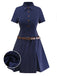 Abito a righe gessate con colletto a camicia blu anni '70