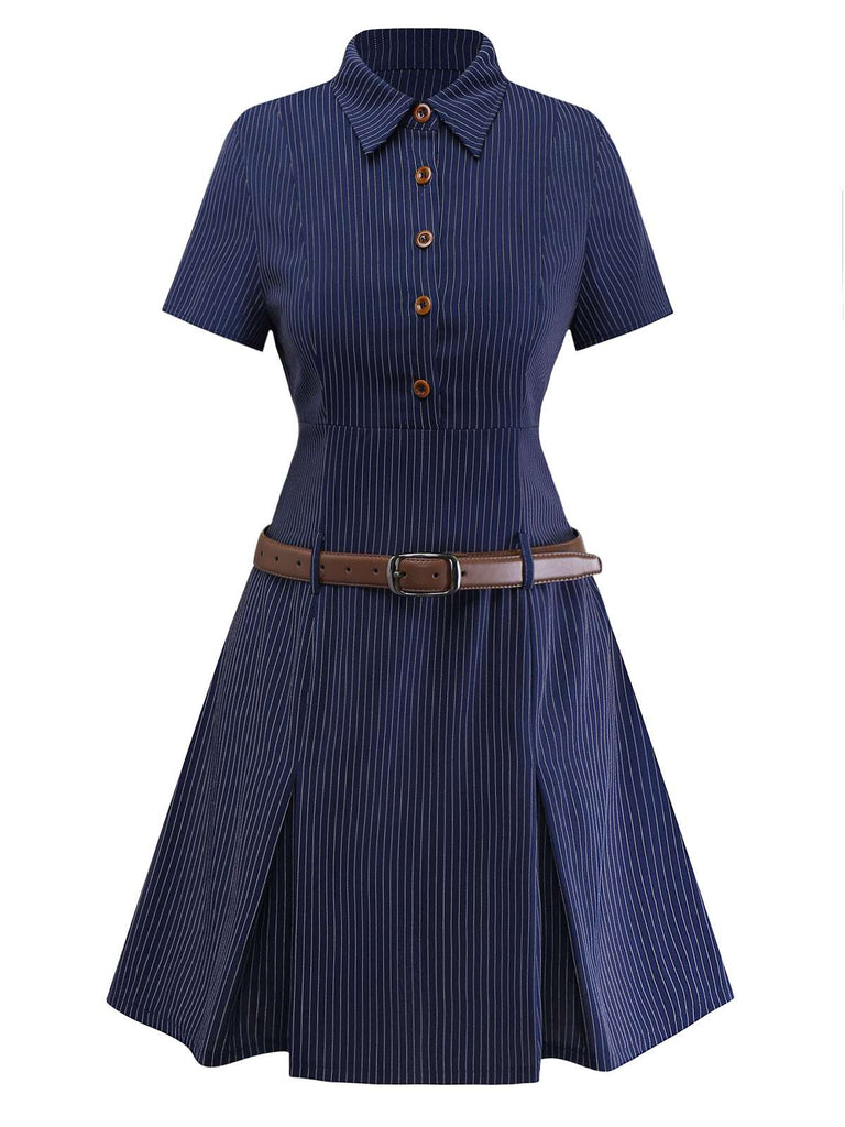 Abito a righe gessate con colletto a camicia blu anni '70