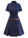 Abito a righe gessate con colletto a camicia blu anni '70