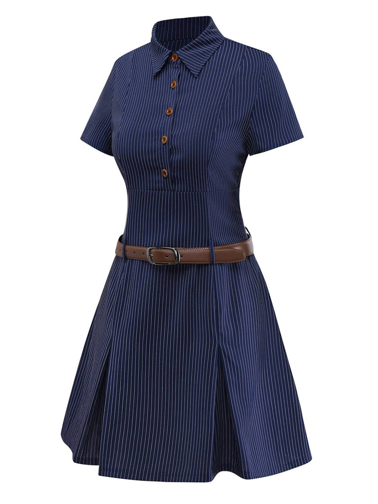 Abito a righe gessate con colletto a camicia blu anni '70