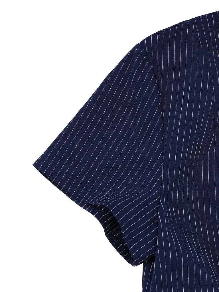 Abito a righe gessate con colletto a camicia blu anni '70
