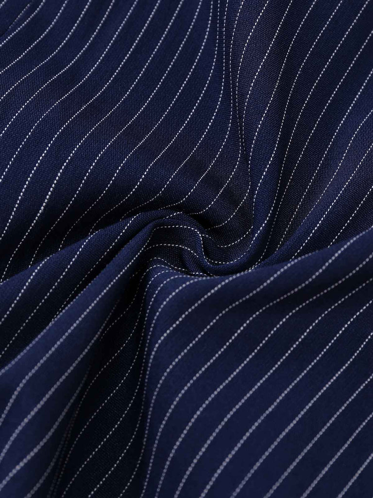 Abito a righe gessate con colletto a camicia blu anni '70