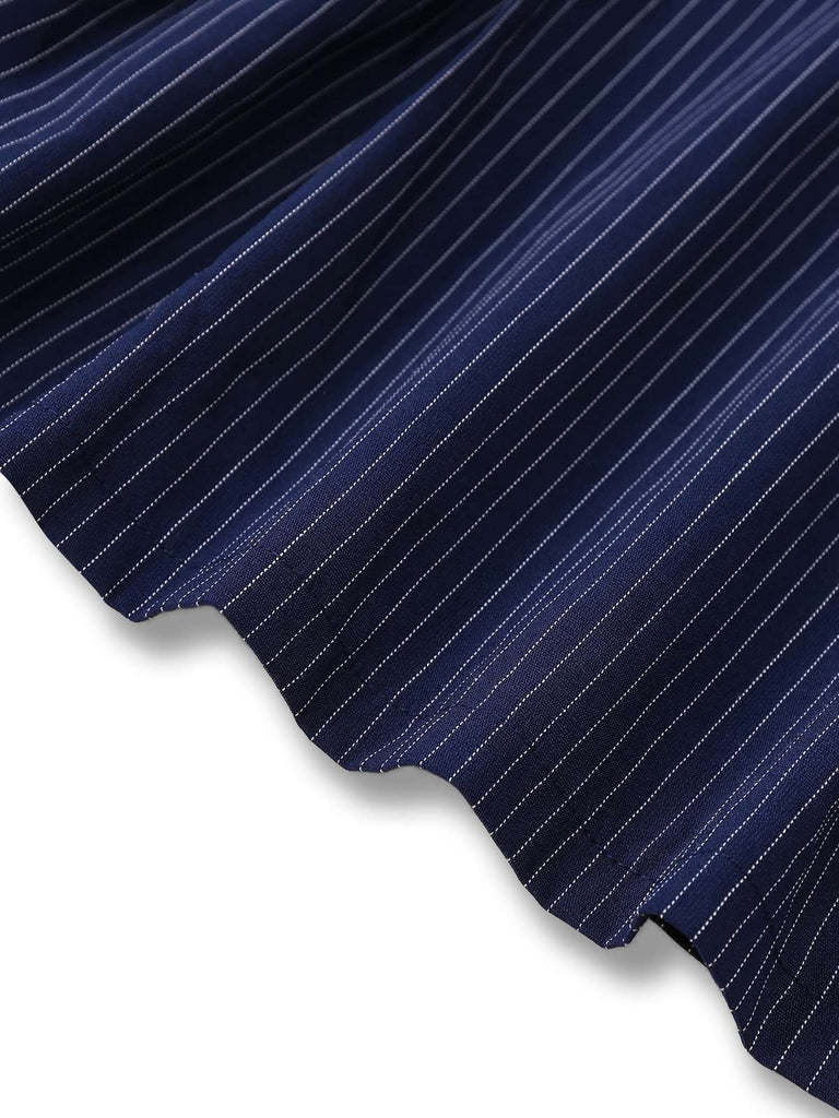 Abito a righe gessate con colletto a camicia blu anni '70