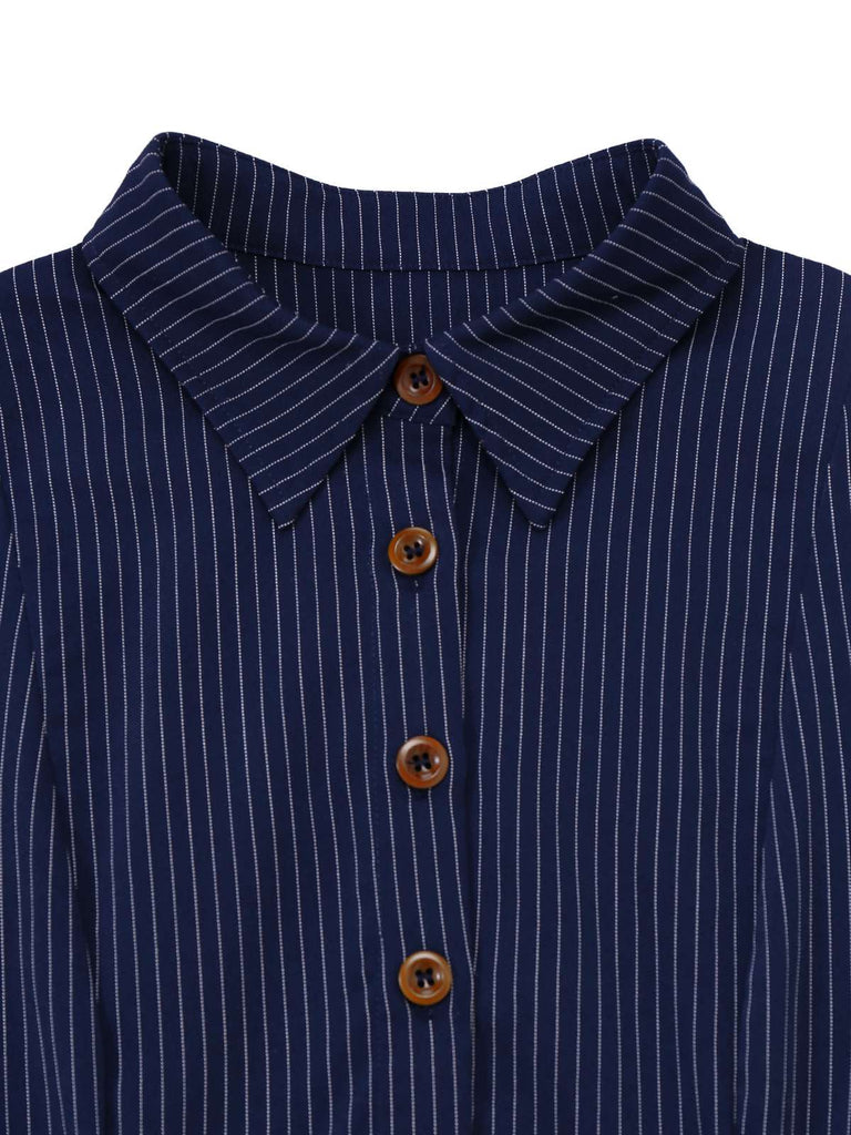 Abito a righe gessate con colletto a camicia blu anni '70