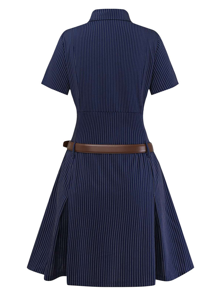Abito a righe gessate con colletto a camicia blu anni '70