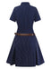 Abito a righe gessate con colletto a camicia blu anni '70