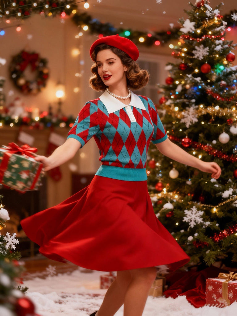Maglione a griglia con motivo a rombi e colletto a revers anni '30