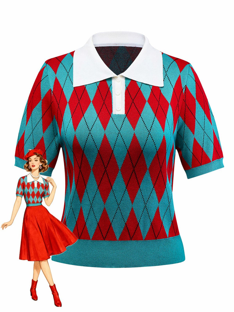 Maglione a griglia con motivo a rombi e colletto a revers anni '30