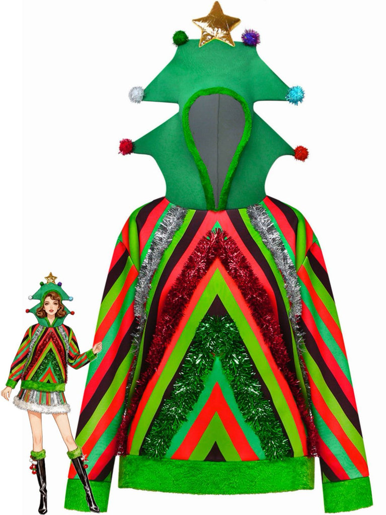 Felpa con cappuccio in 3D con albero di Natale colorato anni '70