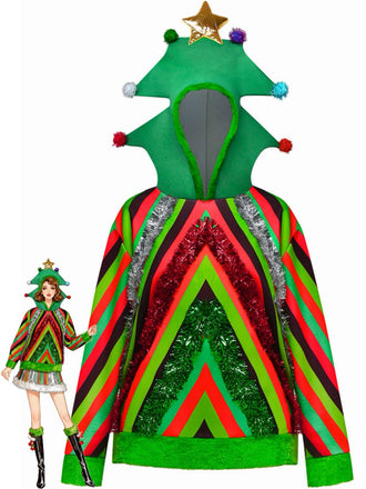Felpa con cappuccio in 3D con albero di Natale colorato anni '70