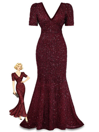 Abito lungo a sirena con fiocco di paillettes bordeaux anni '30