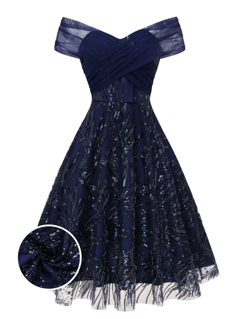 [Prevendita] Abito floreale con paillettes ricamate e spalle scoperte blu anni '50