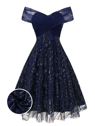 [Prevendita] Abito floreale con paillettes ricamate e spalle scoperte blu anni '50