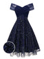 [Prevendita] Abito floreale con paillettes ricamate e spalle scoperte blu anni '50